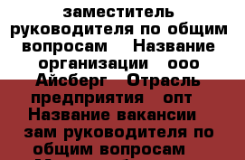 заместитель руководителя по общим вопросам  › Название организации ­ ооо Айсберг › Отрасль предприятия ­ опт › Название вакансии ­ зам.руководителя по общим вопросам  › Место работы ­ пр.Ленина, 55а › Минимальный оклад ­ 40 000 - Челябинская обл., Челябинск г. Работа » Вакансии   . Челябинская обл.,Челябинск г.